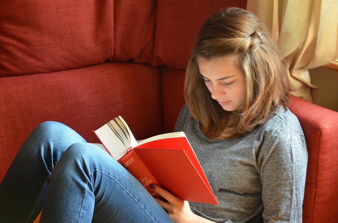 student reading a red book on a red couch; make teaching history fun concept