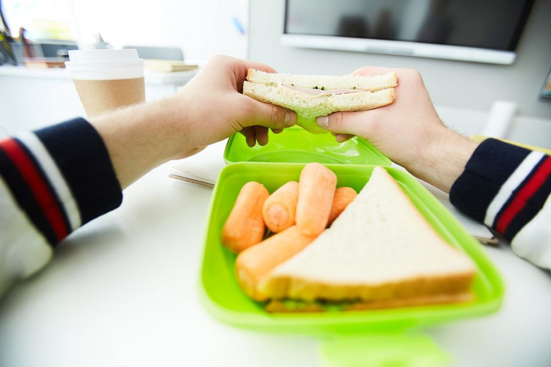 Hands of student holding vegetable sandwich over plastic container with fresh snack before eating it