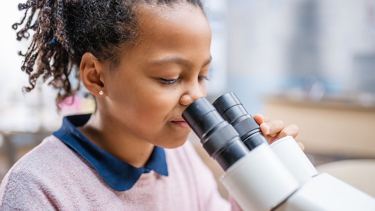 Portrait of schoolgirl looking through a microscope; differentiated lesson plans concept