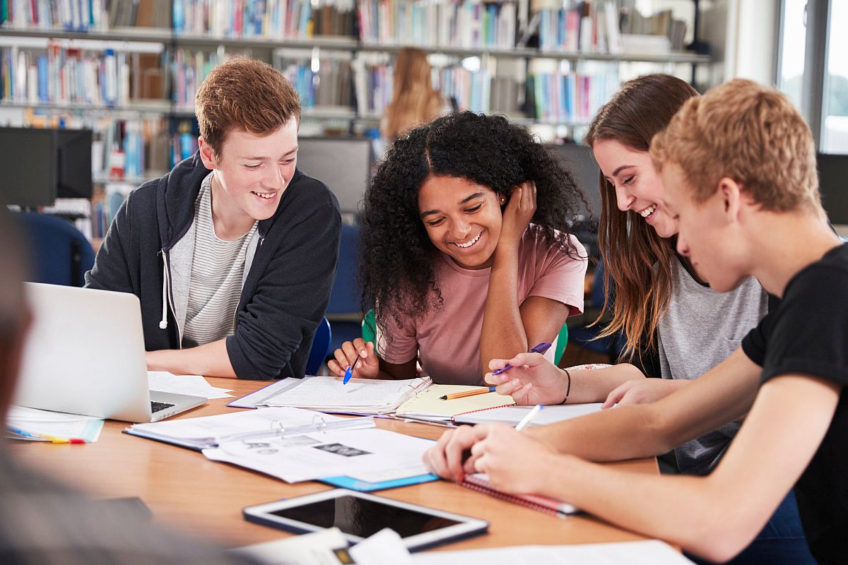 high school students working in groups