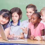 Elementary students and teacher looking at laptop; nano-learning classroom concept