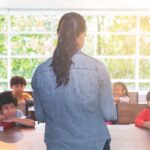 Teacher in front of small classroom; extra resources concept