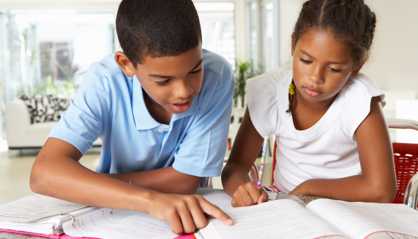Big brother helping younger sister with homework; How Much Homework concept