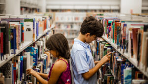 Teens in library; research lesson plans concept